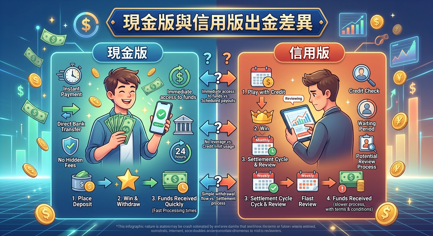 這張圖表比較了「現金版」與「信用版」的出金流程差異，左側強調現金版的即時提領與快速到帳優勢。 右側則展示信用版的額度投注、週期結算與審核流程，透過對比呈現兩者的資金運作機制。