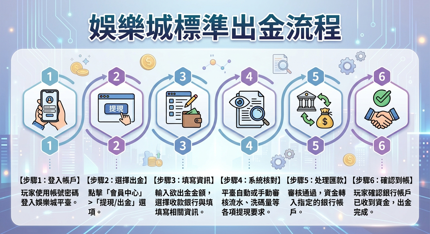圖中展現了「娛樂城標準出金流程」的藍色系科技感資訊圖表，上方標有清晰的大字標題。 畫面以六個步驟圖標與簡短說明，示範從登入帳戶、選擇出金、填寫資訊到審核與轉帳到帳的完整程序。